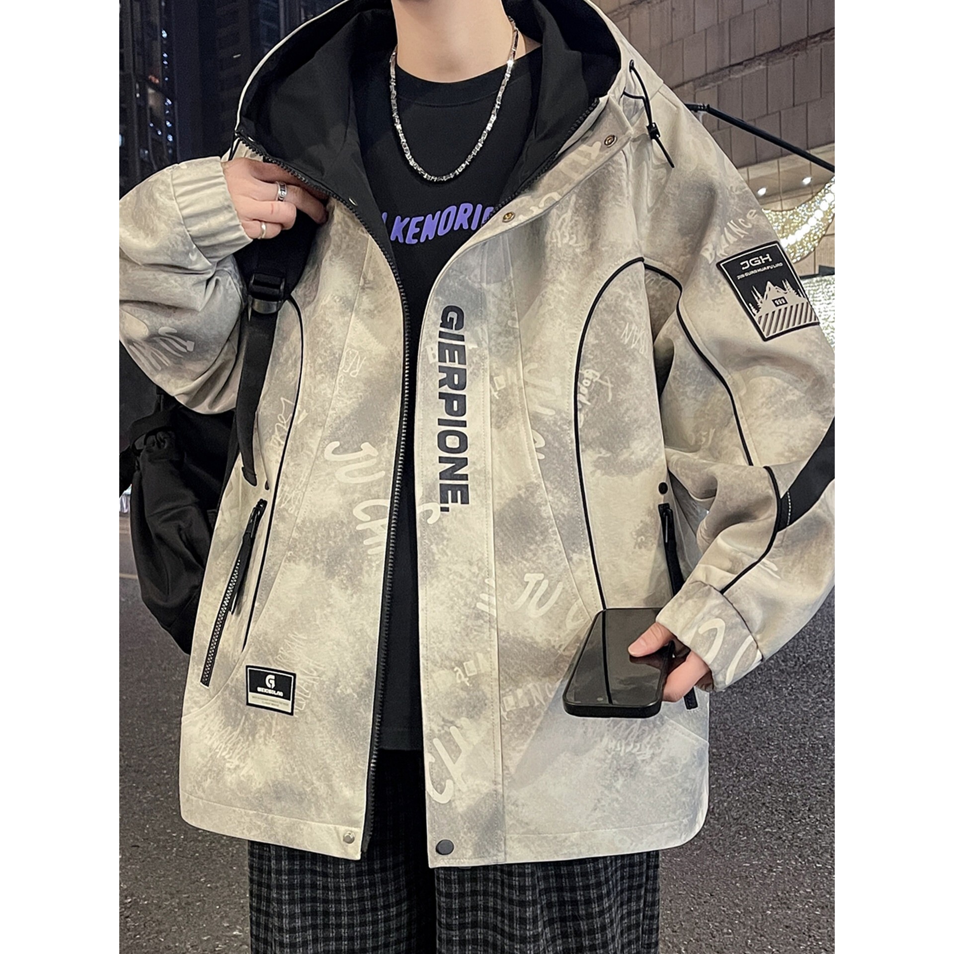 扎染连帽工装夹克男士今年流行爆款2026新款春秋季青少年衣服外套