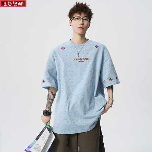 男士夏季青少年刺绣美式潮牌短袖T恤体恤高端上衣服t宽松半袖男款