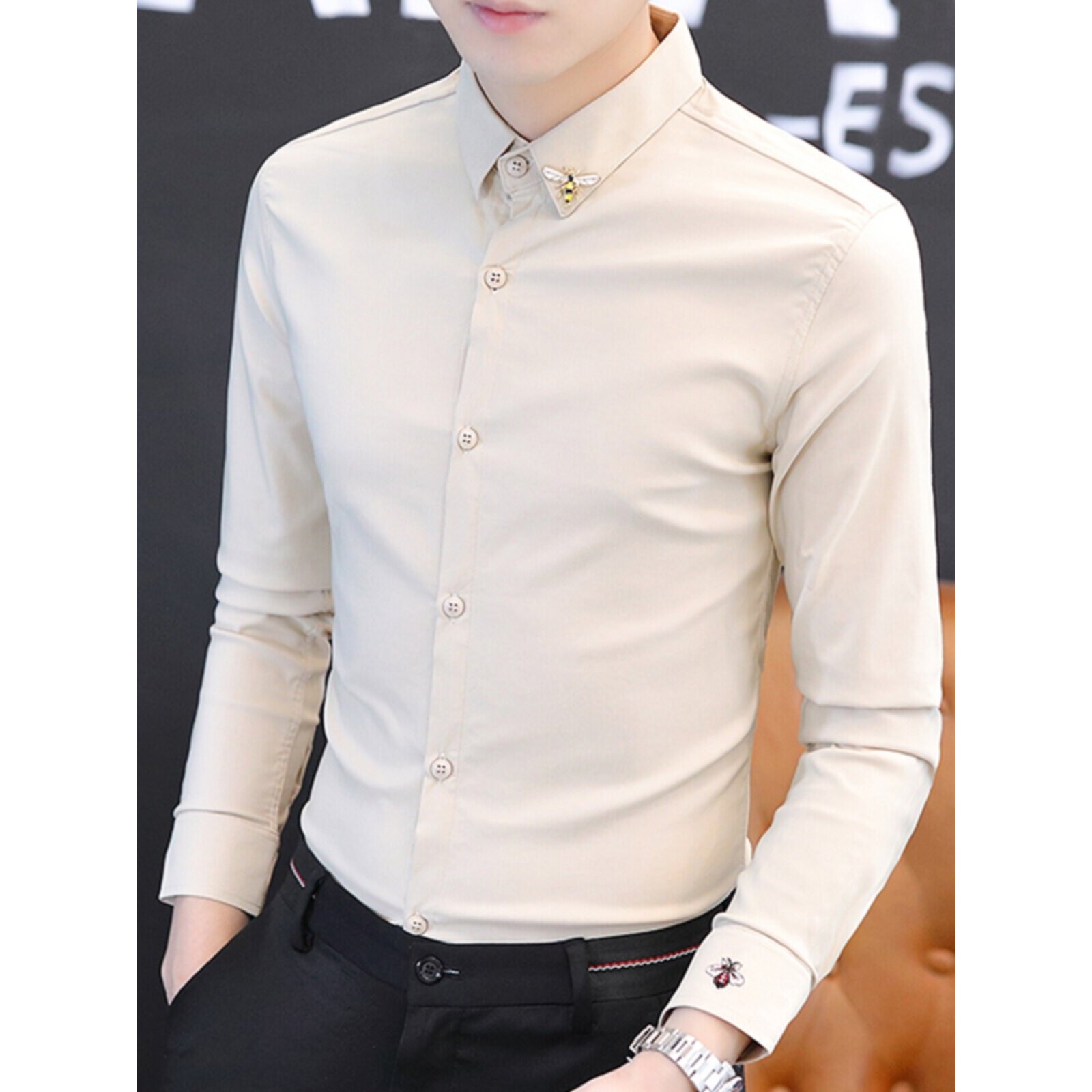 春秋季纯色衬衫男士免烫修身发型师长袖衬衣韩版潮流休闲帅气寸衫