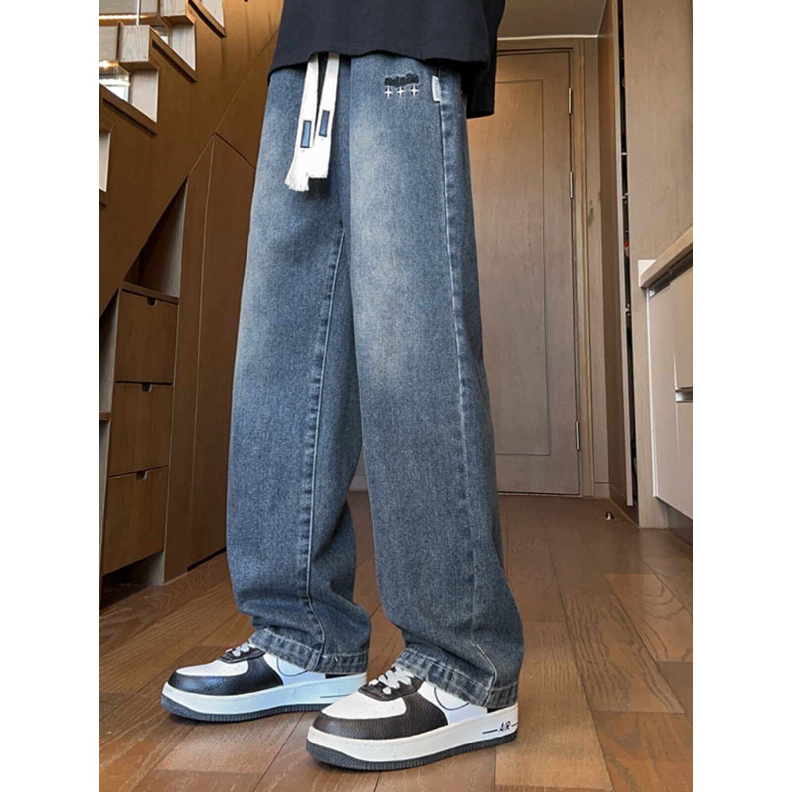 春秋季青少年阔腿牛仔裤子男孩初中高中学生帅气大童直筒休闲长裤