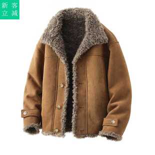 皮毛一体男款外套冬季加绒加厚保暖夹克短款机车服男装羊羔毛棉衣
