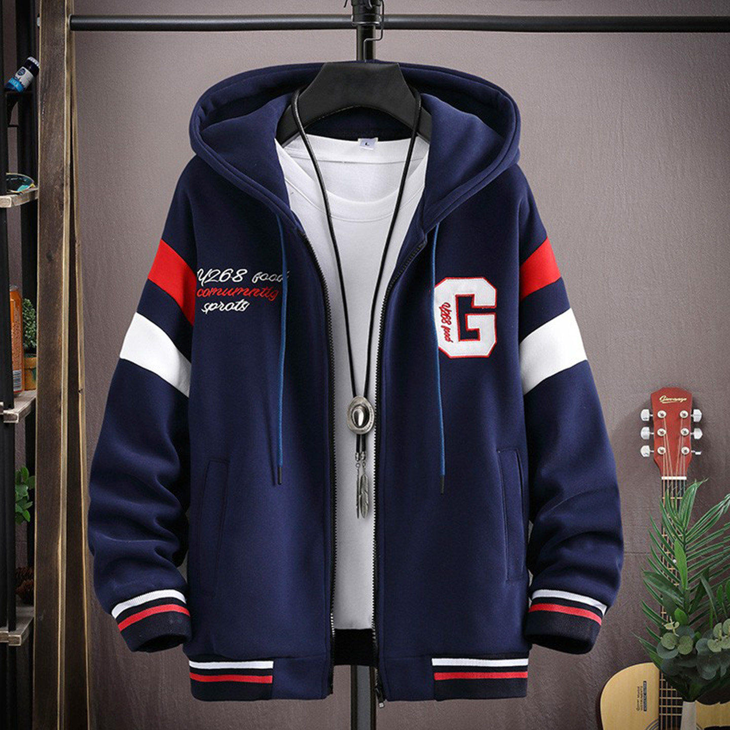 开衫连帽卫衣男秋冬大童潮流青少年初中高中学生刺绣纯棉加绒外套