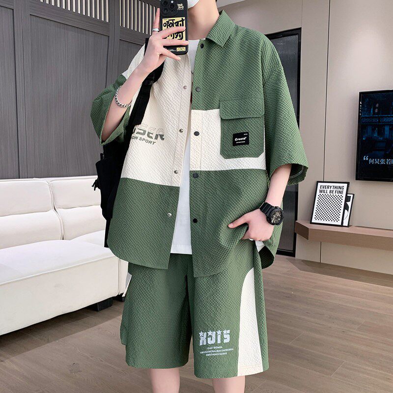 穿搭一整套衣服青少年休闲运动套装男士衬衫夏季短袖五分工装短裤
