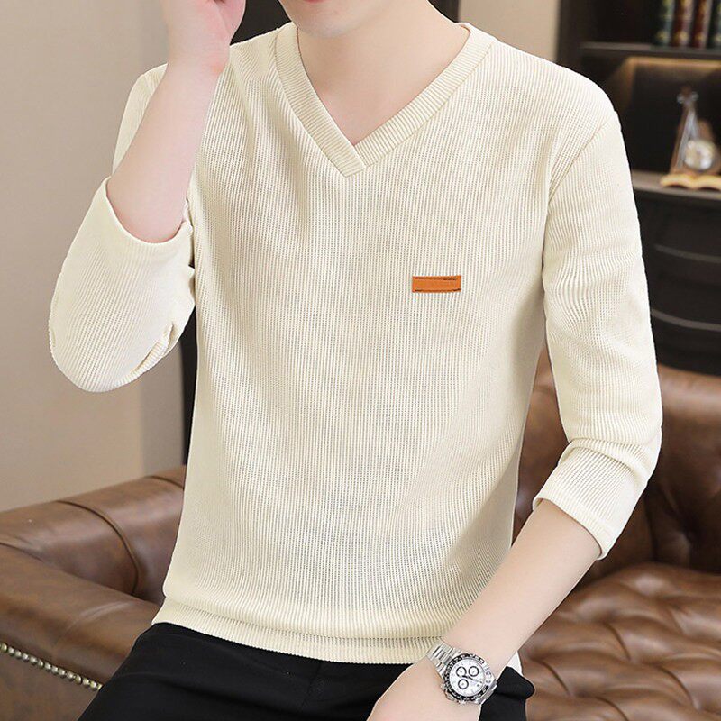 男士长袖t恤春秋季2026新款潮流修身打底衫上衣服休闲百搭v领卫衣