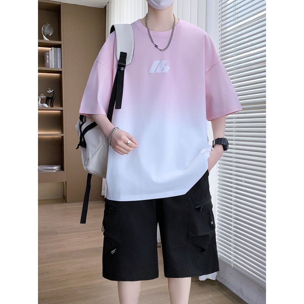 渐变短袖短裤套装男夏季冰丝凉感t恤男青少年休闲运动两件套衣服T