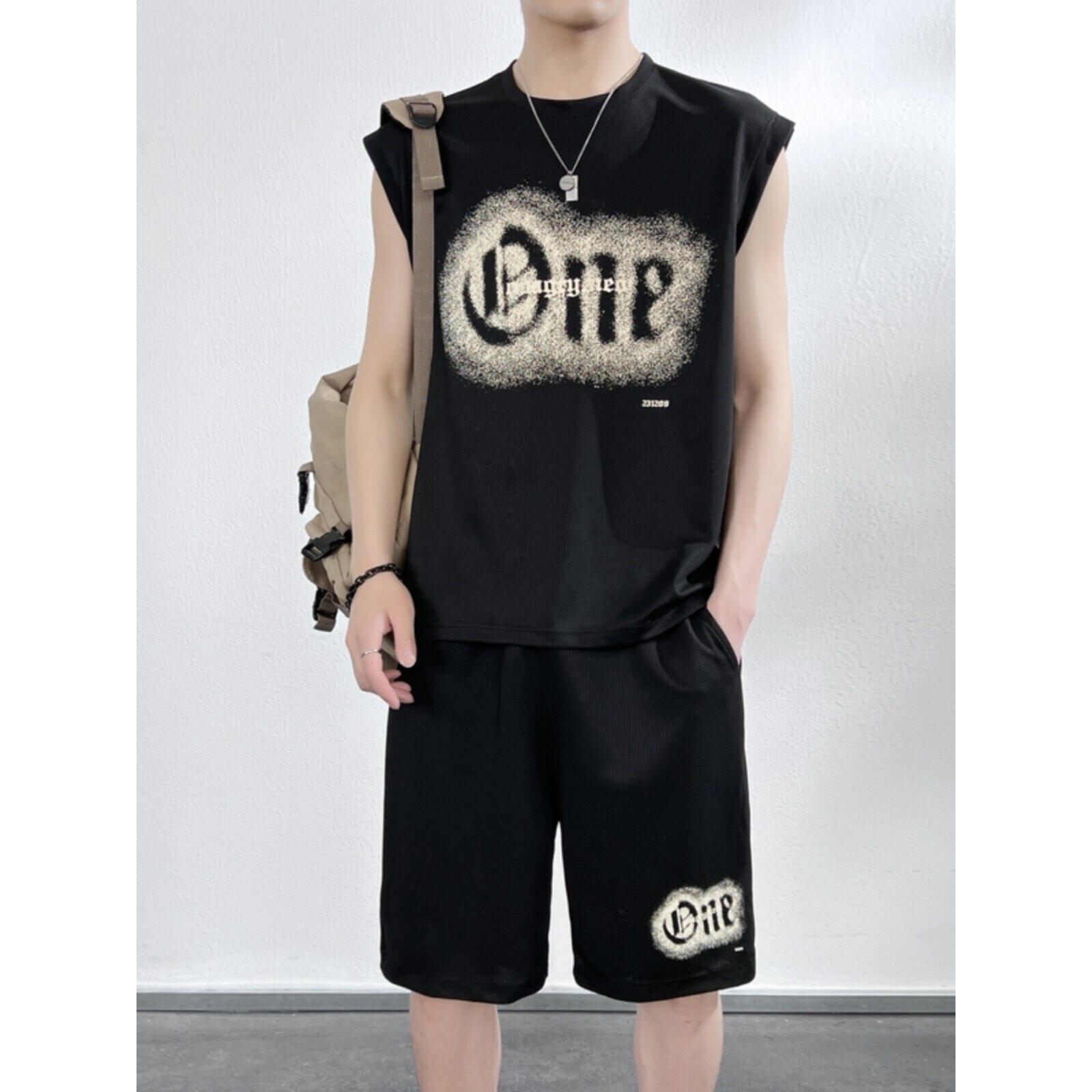 休闲运动套装男士夏季2026新款华夫格无袖T恤短裤背心篮球服夏天