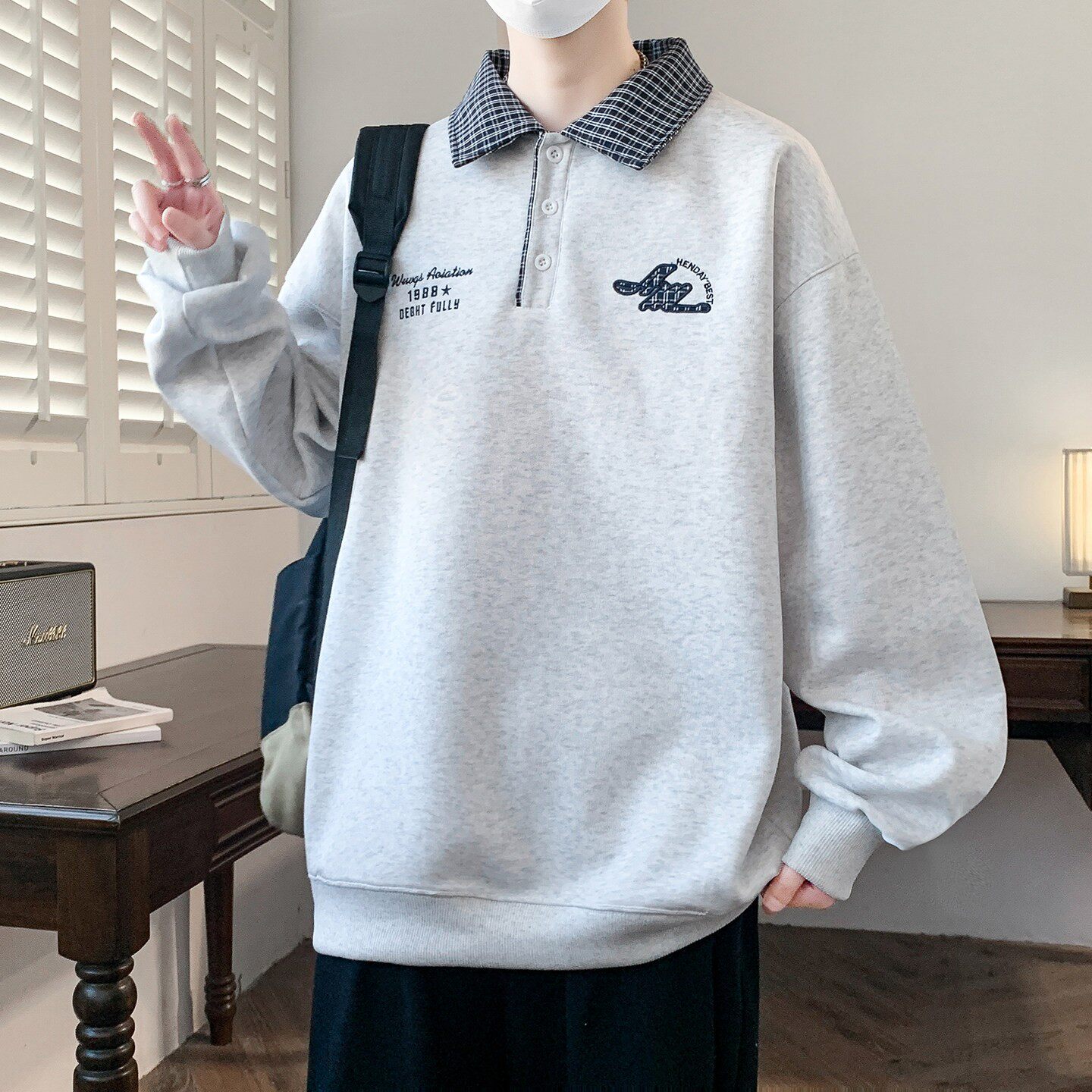 春秋季青少年半拉链翻领卫衣男孩初中高中学生大童男装POLO衫上衣