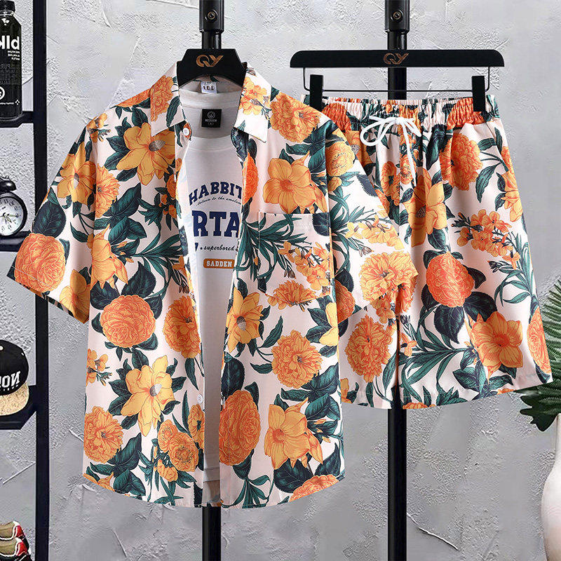 沙滩套装男款三亚风短袖花衬衫男冰丝速干可下水泰国旅游穿搭泳裤