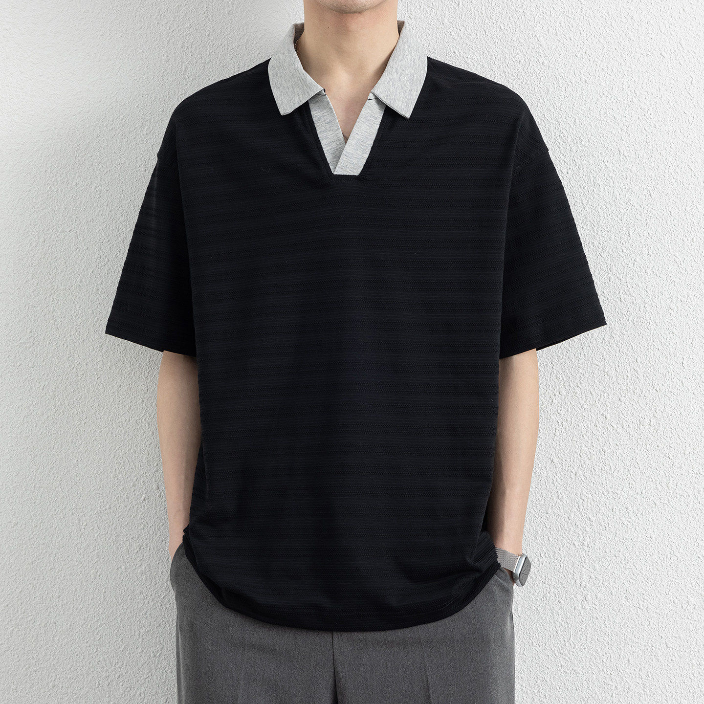 男款T上衣服重磅美式翻领短袖男t恤夏季2026新款男装休闲宽松半袖