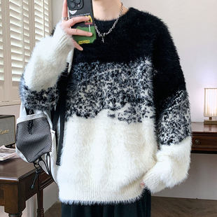 仿水貂绒毛衣男秋冬款圆领毛线衣服保暖冬装拼色青少年针织打底衫