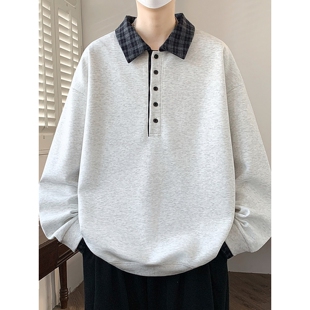 重磅翻领早春装卫衣男春秋季长袖T恤潮牌宽松上衣男款内搭打底衫