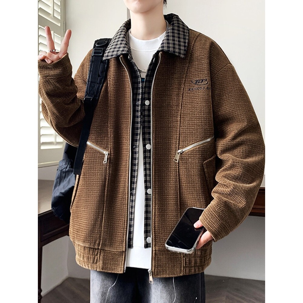 小香风外套男春秋季假两件格子拼接夹克青少年宽松衬衫式休闲上衣
