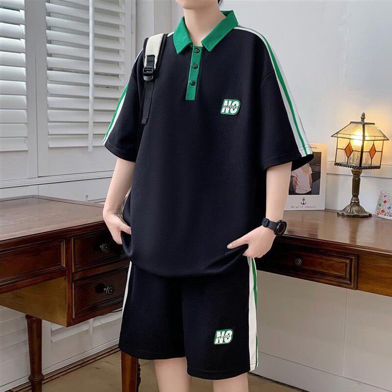 青少年帅气一套衣服冰丝薄款短袖T恤套装男士夏季翻领polo衫短裤