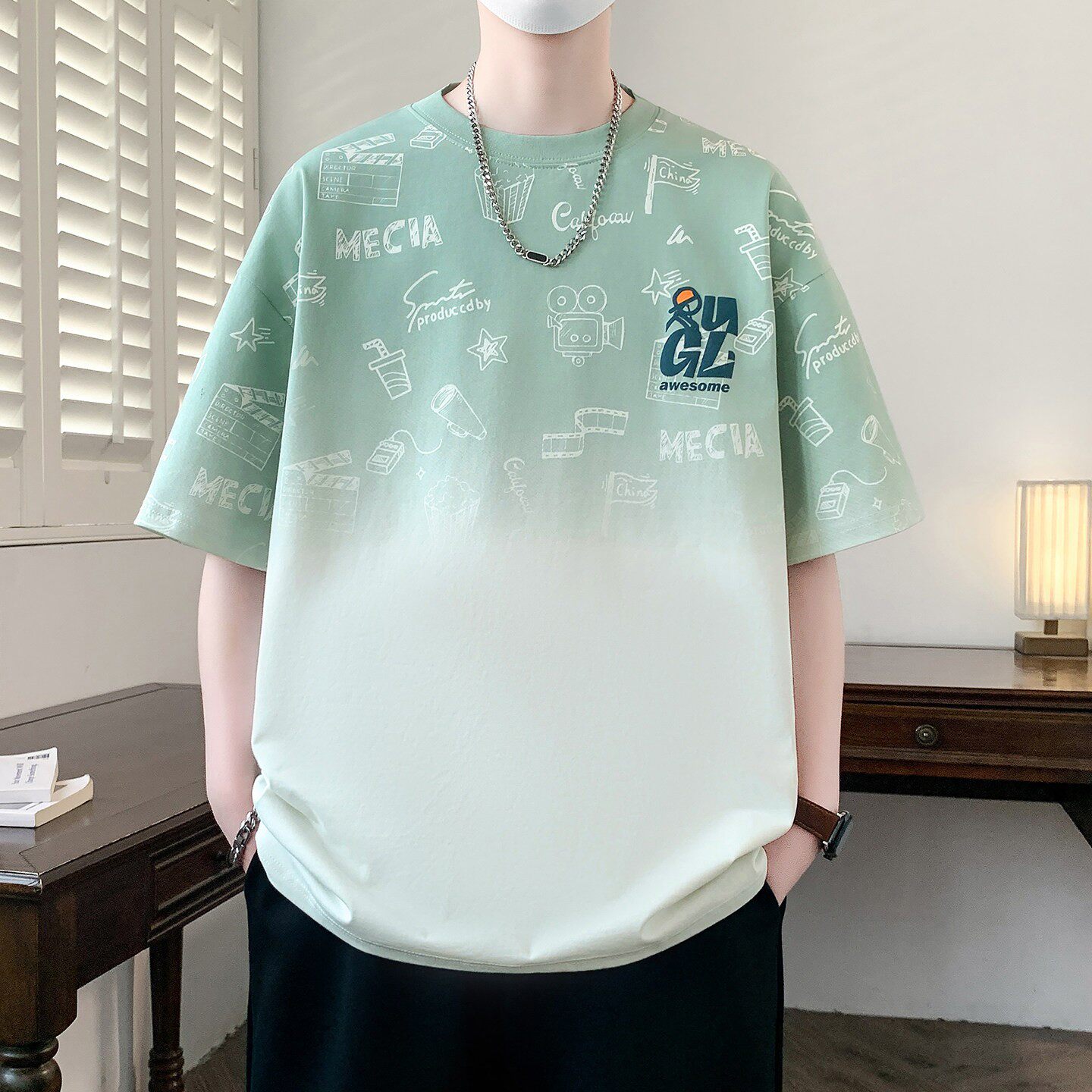 男装半袖体恤衫渐变短袖t恤男夏季潮流帅气初高中学生青少年宽松