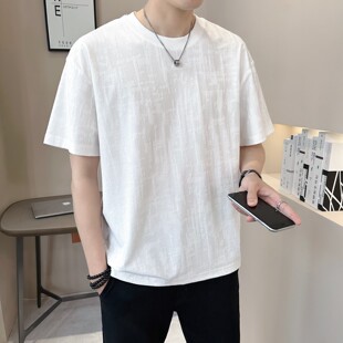 冰丝凉感提花宽松短袖T恤男士夏季2026新款薄款圆领速干半袖上衣