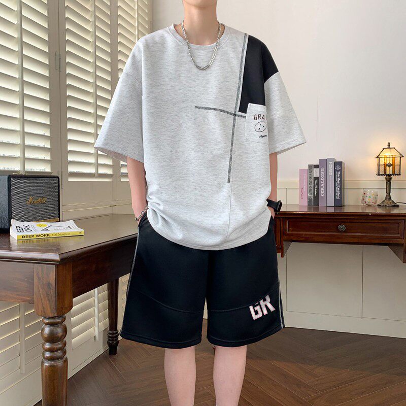 运动休闲套装男冰丝夏季青少年潮流短袖短裤初中高中学生帅气男装