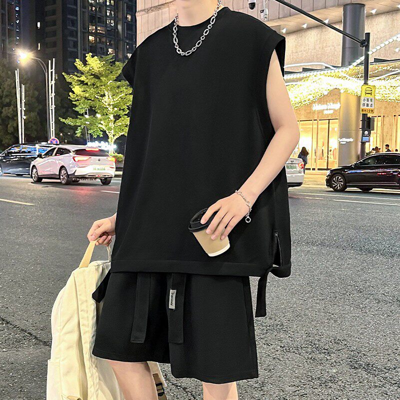一整套无袖t恤休闲运动套装男夏季冰丝坎肩背心男穿搭高级感衣服