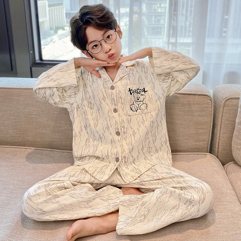 全棉纯棉男童睡衣春秋季纯棉长袖儿童青少年中大童男孩家居服夏款