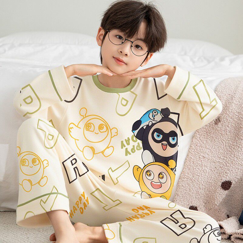 全棉纯棉儿童春秋季睡衣新款男孩纯棉长袖套装男童学生卡通大童宽