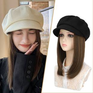 帽子假发一体女款新款时尚化疗后带头发的贝雷帽长发连帽冬天