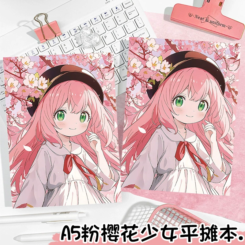粉樱花少女a5平摊本二次元卡通彩页本摘抄本动漫手账本学生日记本