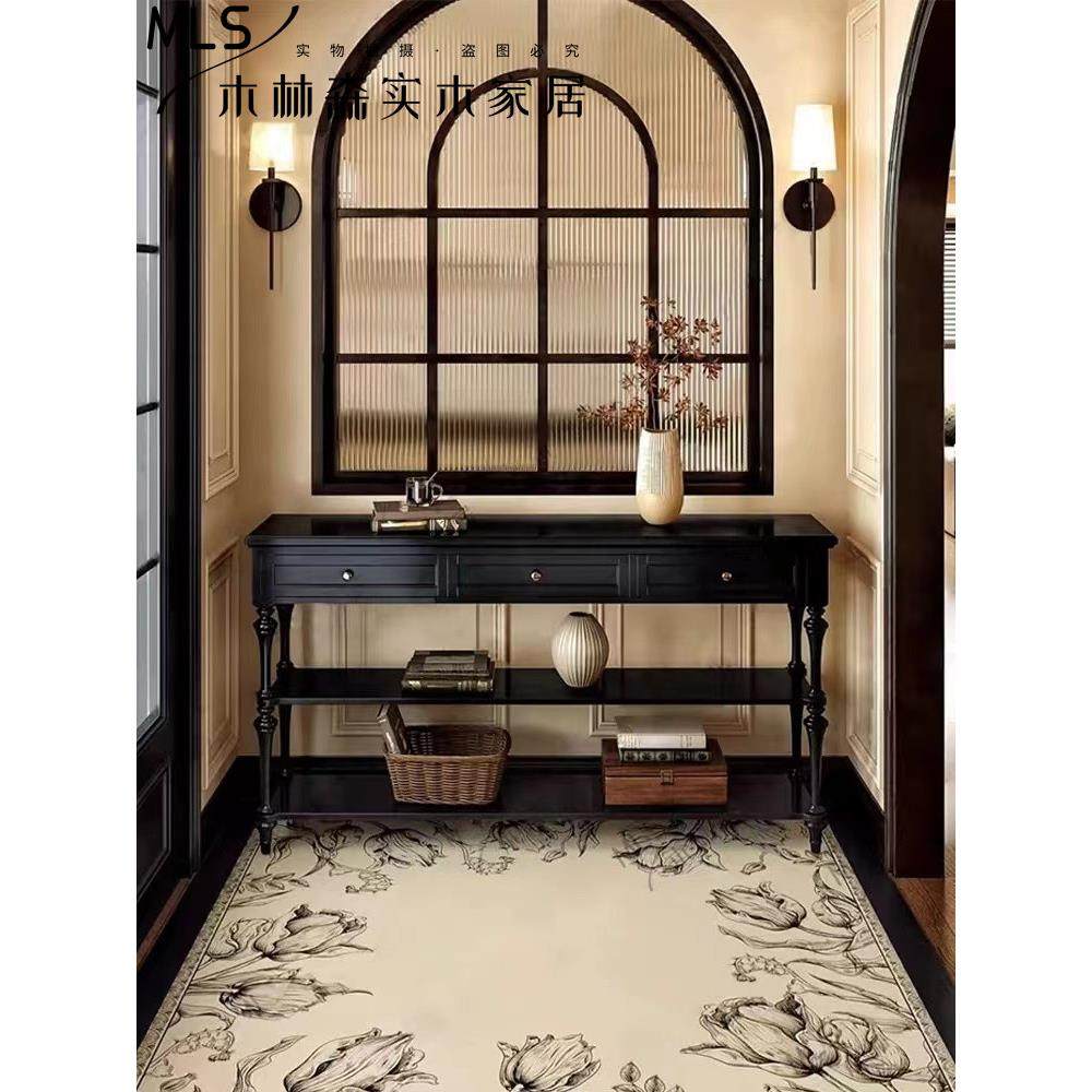 法式隔断实木黑色玄关台桌现代新古典多功能收纳柜覆古轻奢入户桌