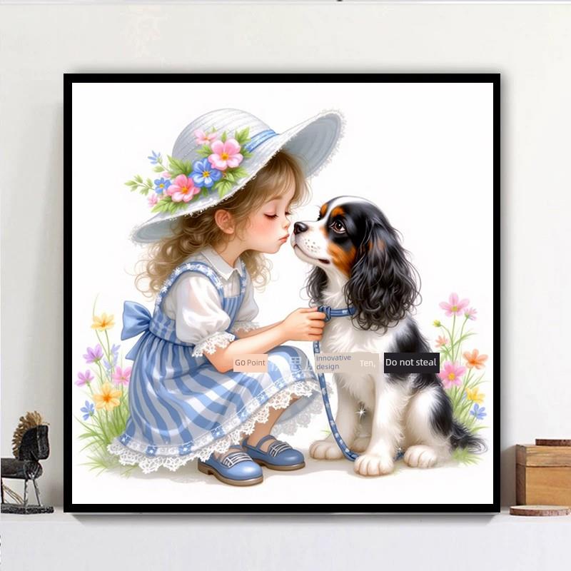 钻石画2025新的可爱的卡通动物小女孩狗手工5D钻石十字绣卧室充满