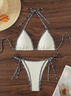 2025新款黑色性感三点式比基尼泳衣女白色比坚尼沙滩绑带bikini