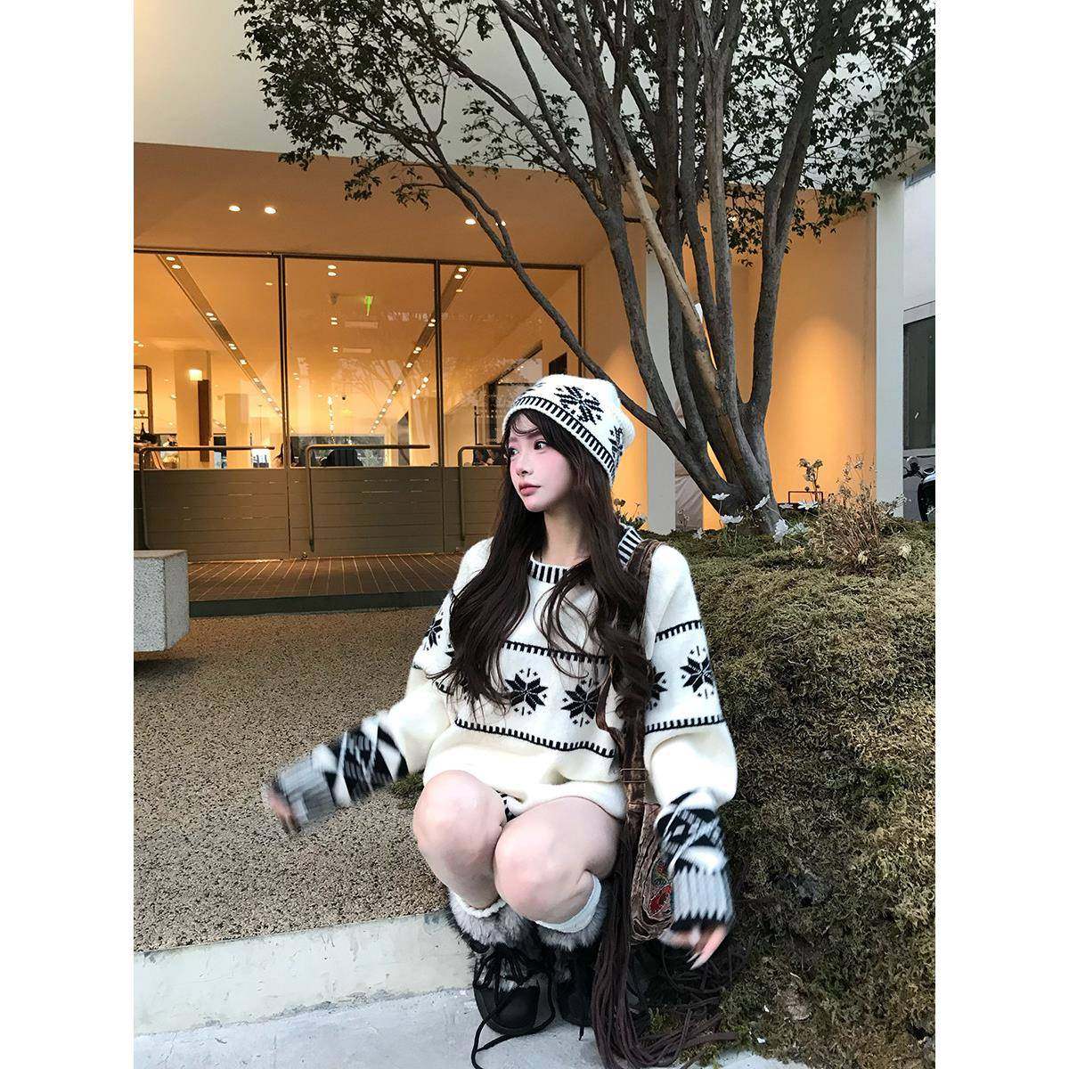 七颗虾滑费尔岛毛衣2025秋冬女中长款宽松针织衫慵懒内搭长袖上衣