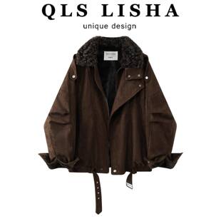 巧丽莎羊羔毛翻领外套女秋冬新款美式覆古加绒加厚保暖鹿皮绒夹克