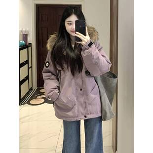 连帽大毛领工装 冬季 加绒加厚紫色棉衣外套 2025新款 派克服棉服女款