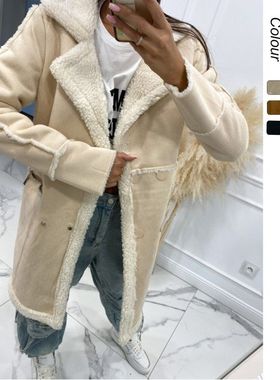 欧美外贸2025年秋冬新款 纯色加厚羊羔绒拼接款大衣外套-23107