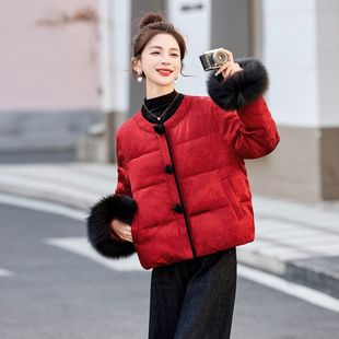 羽绒服围脖C7722 口外套2025毛新中式 红色狐狸冬保暖新款 可拆卸袖