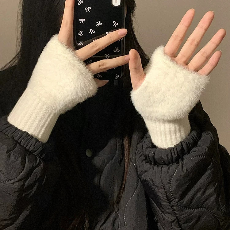 冬季加绒半露指触屏写字手套女