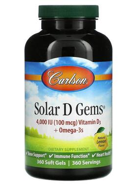 Carlson, Solar D Gems®，维生素 D3+Omega-3s，天然柠檬味，360