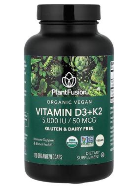 PlantFusion,Organic Vegan, Vitamin D3 + K2, 120 Organic VegC