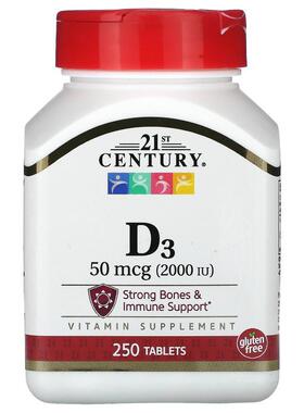 21世纪,D3, 50 mcg (2,000 IU), 250 Tablets