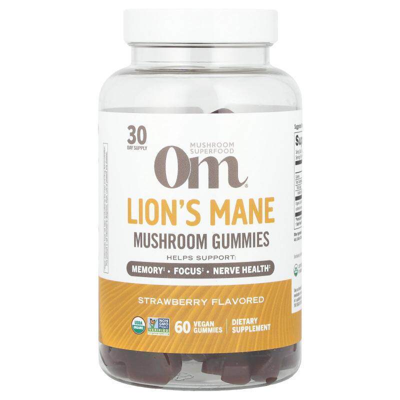Om Mushrooms,Lion's Mane Mushroom Gummies, Strawberry , 60 V