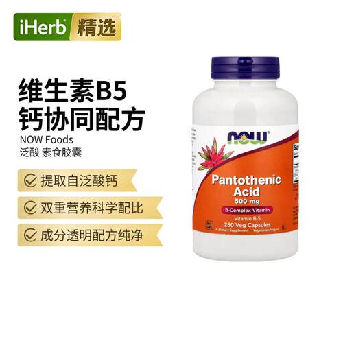 Now诺奥泛酸B5胶囊维生素B族复合物含钙配方维持功能代谢能量神经