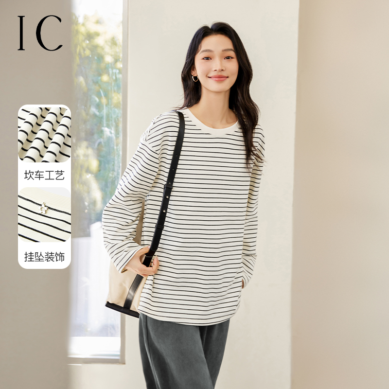 IC 小香风高级条纹落肩宽松t恤女2025新款春秋通勤休闲百搭上衣