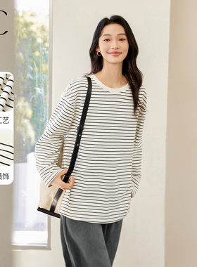 IC 小香风高级条纹落肩宽松t恤女2026新款春秋通勤休闲百搭上衣