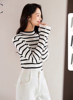 IC小香风条纹设计撞色修身针织衫女2026新款春秋通勤甜美高级上衣