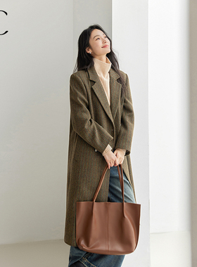 IC 高级感优雅中长款人字纹毛呢西装外套女2026新款秋冬通勤大衣