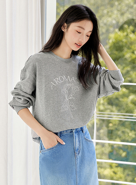 IC 灰色圆领绣花休闲卫衣女2026新款设计休闲宽松高级感通勤上衣