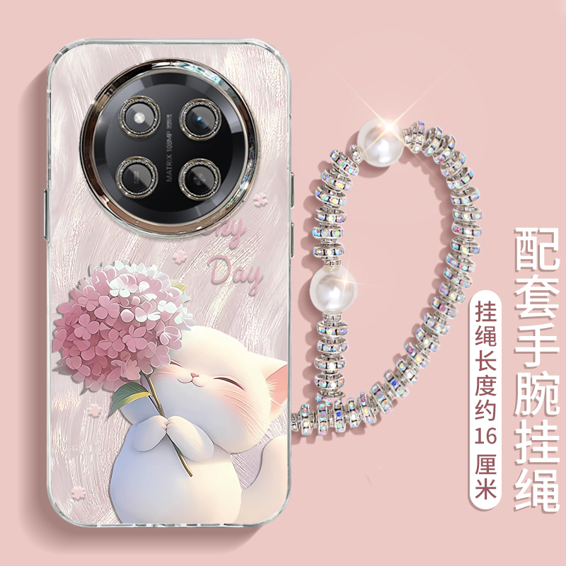 适用荣耀X60手机壳女新款honor高级绣球猫咪X50GT可爱全包X40镜头膜防摔X30专用散热液态挂绳好看支架保护套