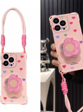 四角挂绳防摔气囊适用苹果16E手机壳高级iphone15新款ip14plus爱心支架13女12硅胶可爱潮11promax防摔保护套