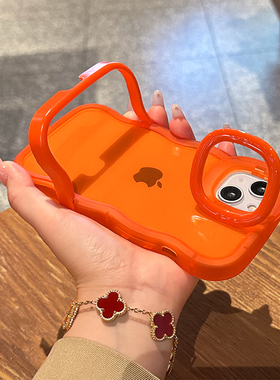 橙色适用苹果17手机壳iphone16新款15高级ip14plus纯色简约双支架全包玻璃13好看12硅胶11promax防摔保护套
