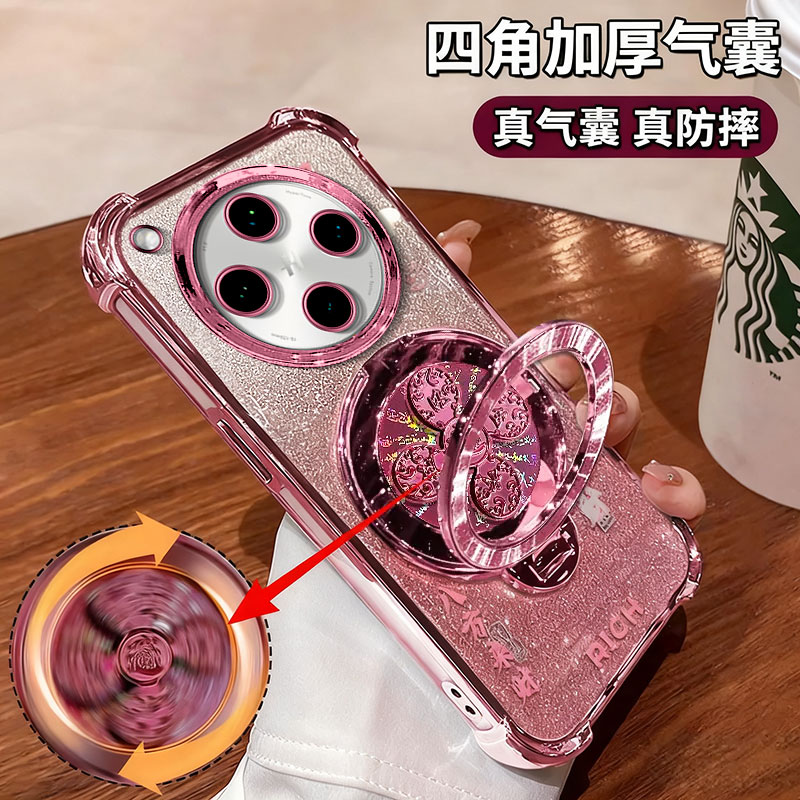 电镀四角闪粉适用OPPOFINDX8ultra手机壳新款高级感x7全包防摔硅胶气囊风生水起转盘支架个性国风粉色保护套