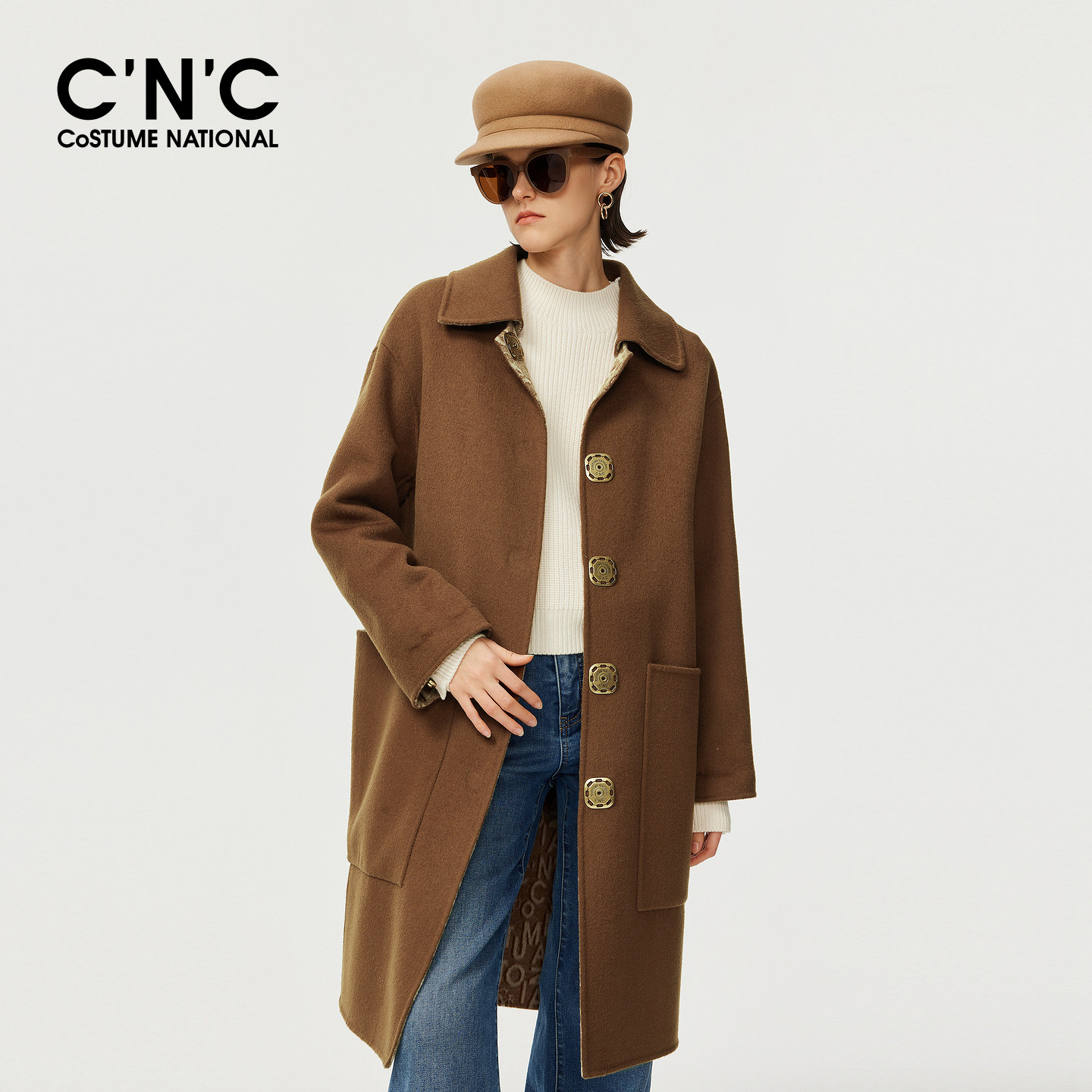 100%羊毛CNC女装可拆卸翻领长款毛呢大衣秋冬大口袋按扣外套