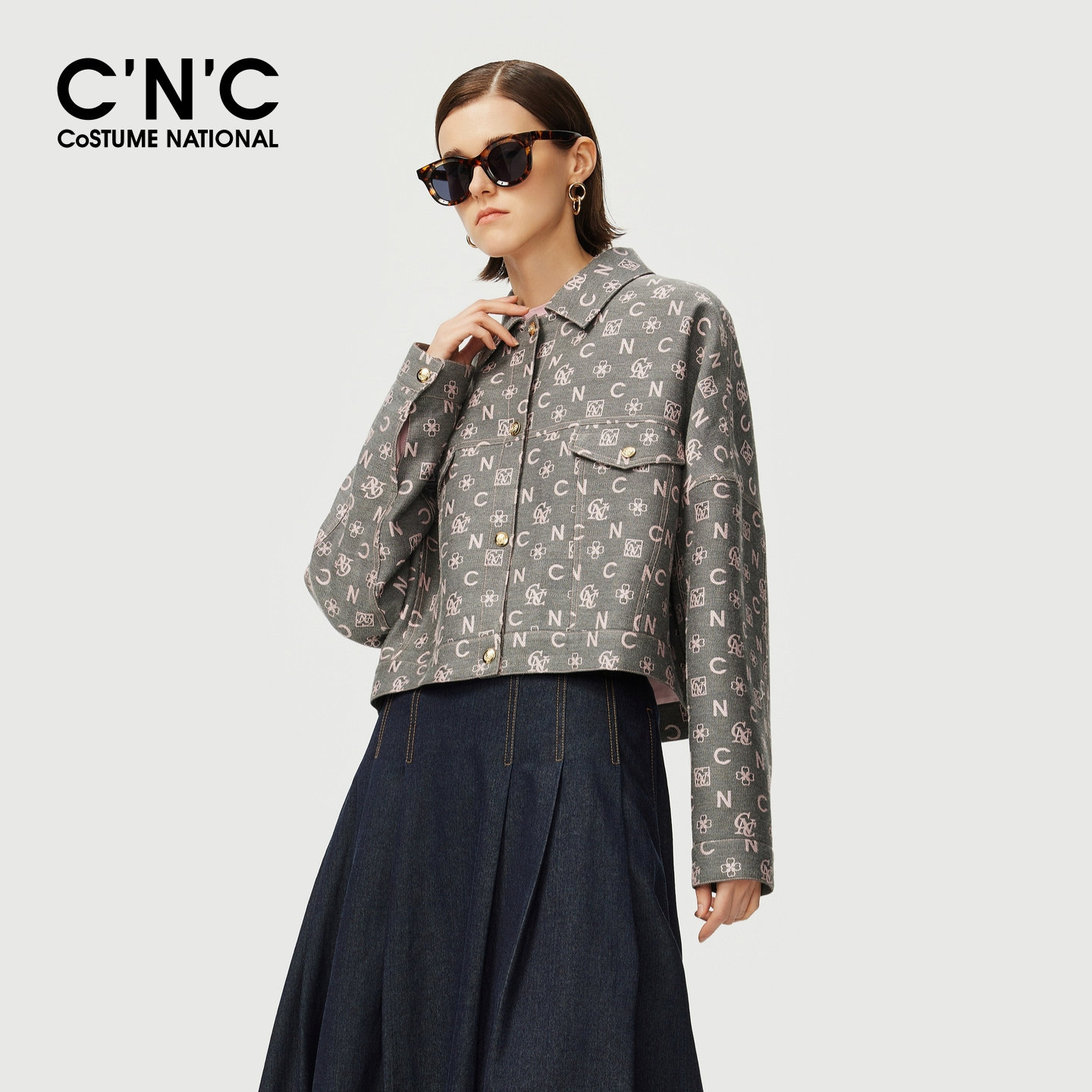 CNC女装满印提花翻领短外套女秋冬单排扣牛仔质感短款休闲夹克